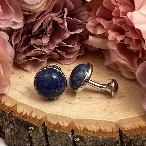 Elegant Round Blue Lapis Lazuli Cufflinks - Picture 9 of 17